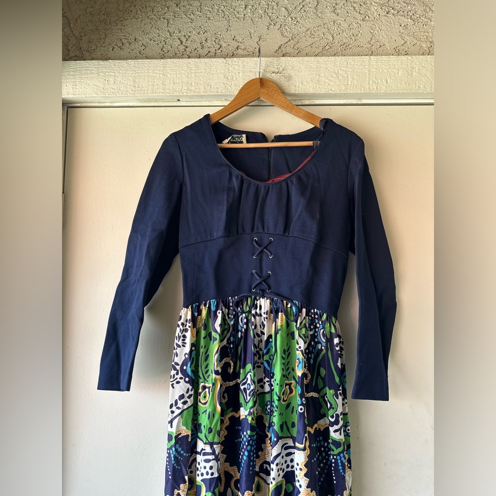 70’s Vintage Domino Fashions Green/Blue Lace Up Pattern Floral Hippie Maxi Dress
